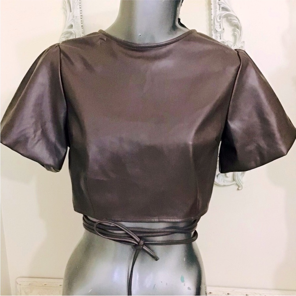 Brown Fitted Leather Crop Top with Tie Front